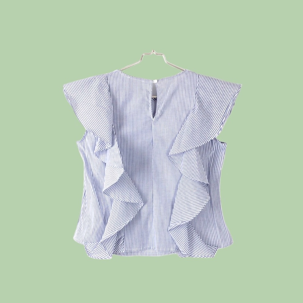 Nordstrom NYTT Ruffled Striped Blouse Blue White - Picture 2 of 5